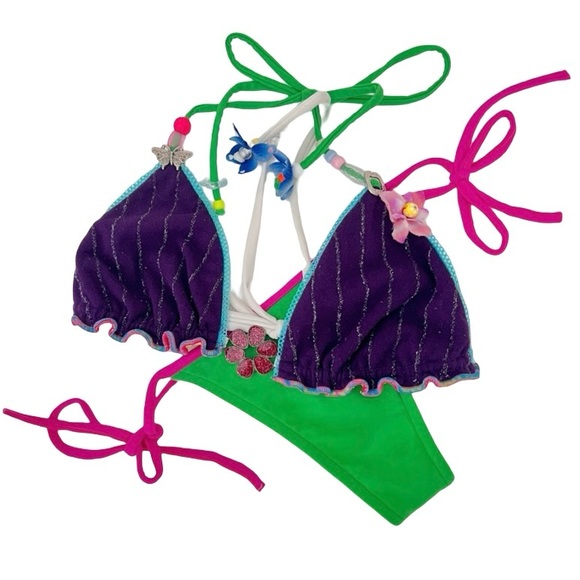 Rare Y2K Mar Acuba Colorful Triangle Bikini Set Fairycore Coquette S - Picture 3 of 14